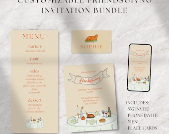 Editable Friendsgiving Invitation Bundle | Hand Drawn Thanksgiving Dinner Invite Template Bundle