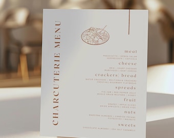Bearbeitbare Charcuterie-Menüvorlage | Druckbare Lebensmittel Tafel Schild | Modernes Käsebrett Menü | Sofort Download