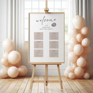 Puede incluir: Un cartel de bienvenida para una fiesta de anidamiento con una ilustración de un nido de pájaro marrón. El cartel enumera tareas para que los invitados ayuden, incluyendo la lavandería, la cocina, el equipo para bebés, la guardería, el coche y la limpieza.