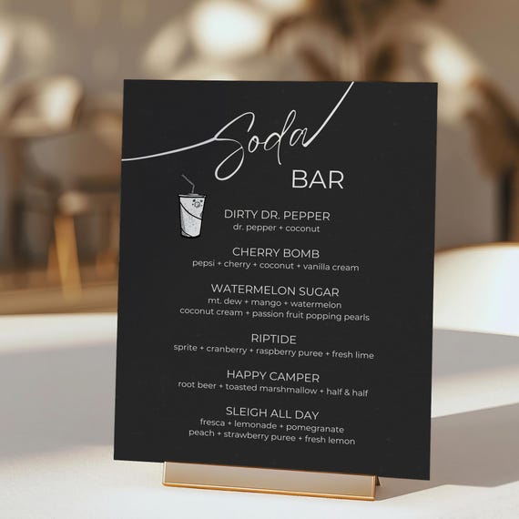 Black Soda Bar Menu Sign Template, Printable Drink Menu For Graduations & Weddings, Grad Party Soda Station, Italian Soda Pop, GRAD01