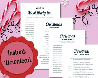 May include: Three printable Christmas game cards with the titles "Who is Most Likely To...", "Christmas This or That", and "Christmas Think Fast!" The cards are on a pink background with candy canes and snowflakes.