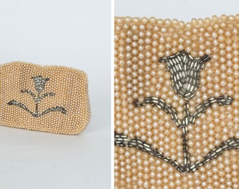 Beaded tulip motif mini clutch, vintage 50s evening bag, pearls + silver bugle beads