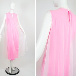 Vintage fuchsia princess column nightgown with flowing nylon overlay, 1960s full-length hostess gown, split sides, size XS
