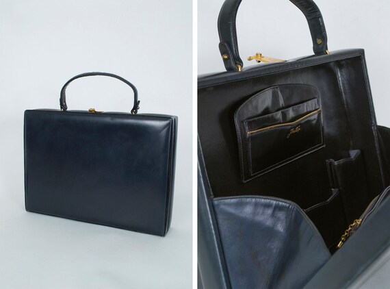 Navy Italian padded leather briefcase, vintage 50s