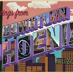 May include: A vintage-style postcard with the text "Greetings from Downtown Phoenix, Arizona". The text is in a 3D style and is made up of images of buildings and other scenes from downtown Phoenix.