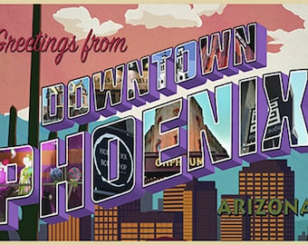 Greetings from Downtown Phoenix postcard, modern reproduction of vintage 40s Curt Teich & Co big letter, heavyweight matte