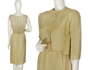 vintage 60s Tippi Hedren silk pencil dress suit, striped blouson illusion bodice, notched + cropped Jackie O jacket, oversize button, size S