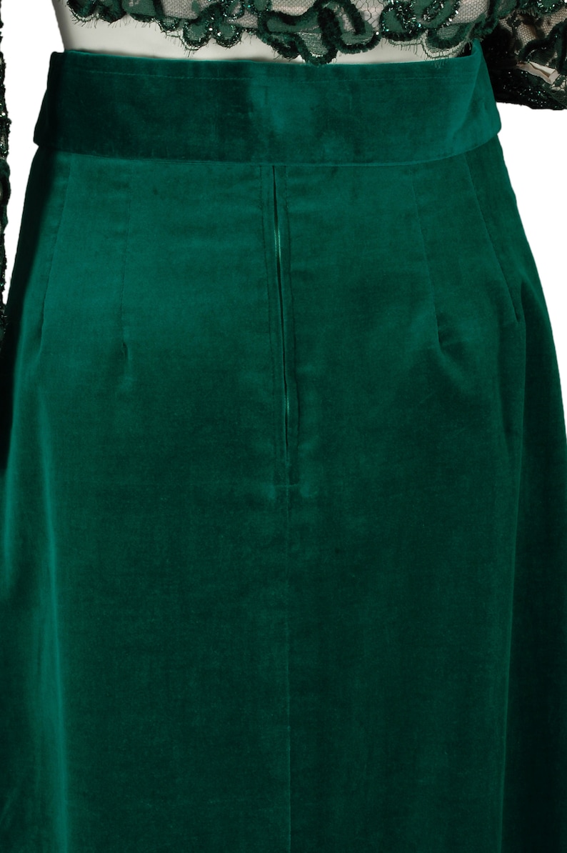 Vintage emerald green velveteen maxi skirt gold Brutalist buckle mid-century 1960s hostess skirt size S