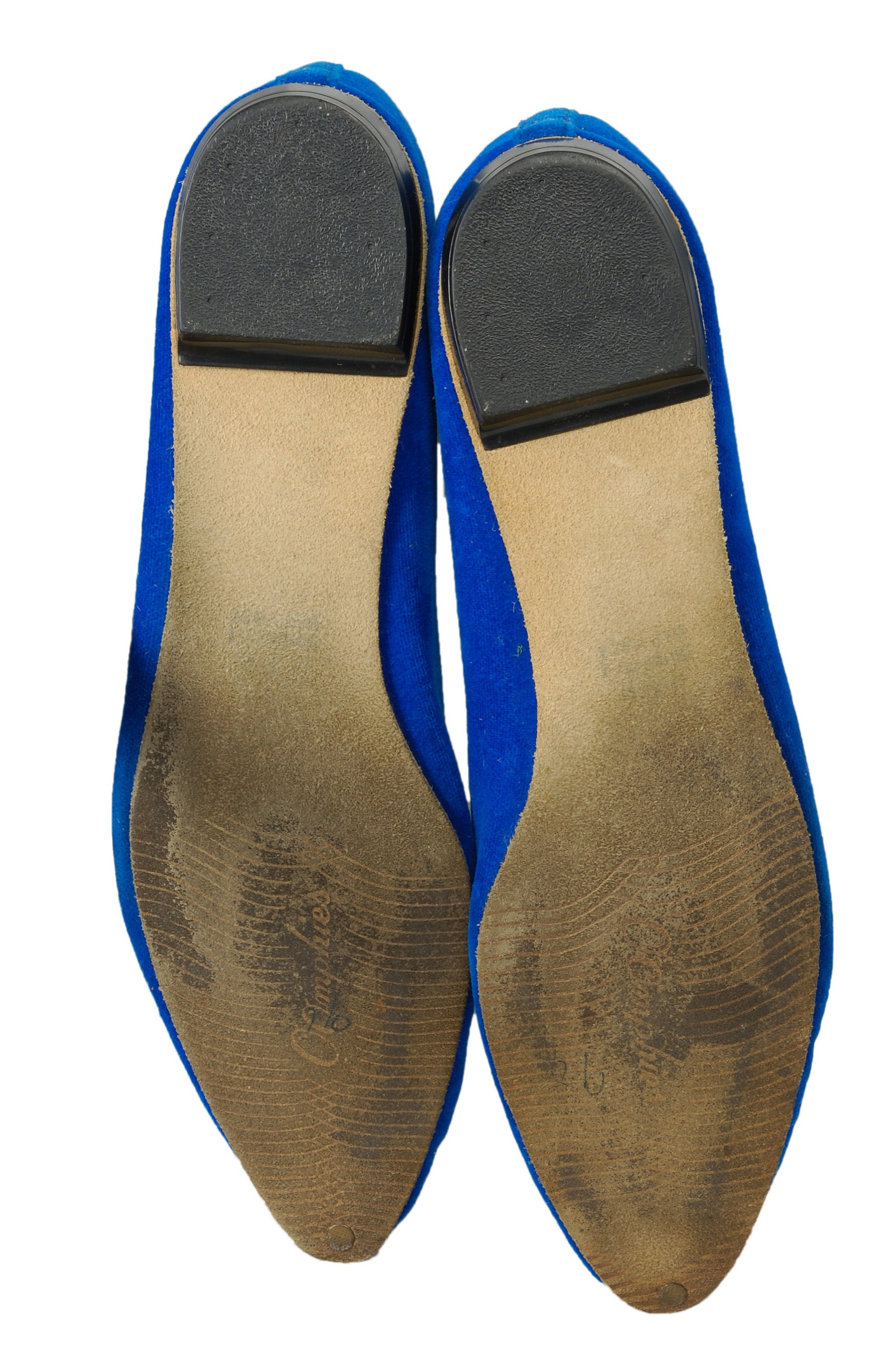 blue + green velvet and satin ballet flats, vintage 60s padded slippers slides, size 10