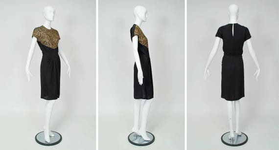 Vintage black draped pencil dress with gold sequi… - image 2