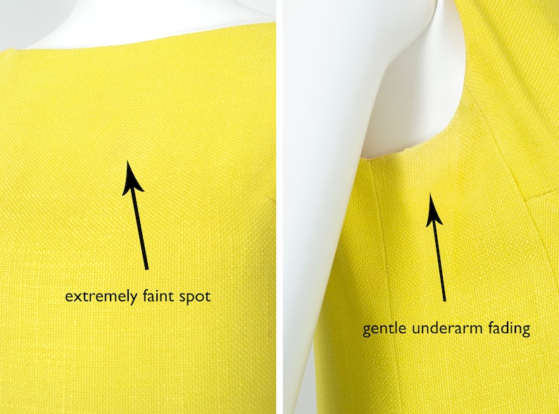 May include: A bright yellow sleeveless dress with a slight fade under the arms and an extremely faint spot on the front.