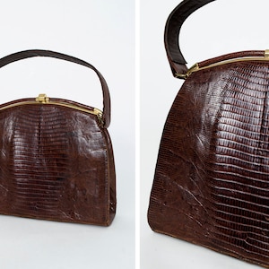 Pequeño bolso de marco redondo lagarto marrón, bolso de mango superior vintage de los años 50, forro de cuero
