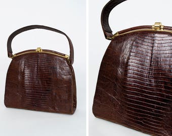 Petite brown lizard round frame handbag, vintage 50s top handle purse, leather lining