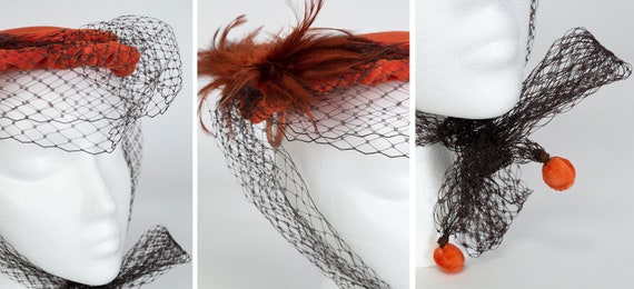 Vintage orange velvet veiled cocktail hat, 1950s … - image 3