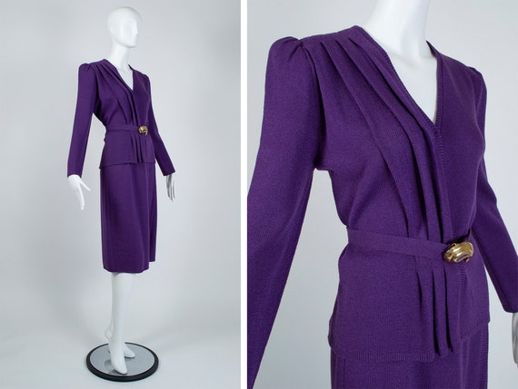 Vintage purple St John puff sleeve knit skirt suit