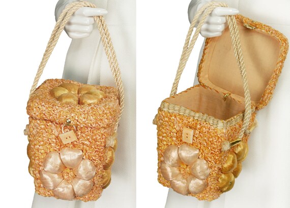 Peach raffia basket box purse, vintage 50s straw d
