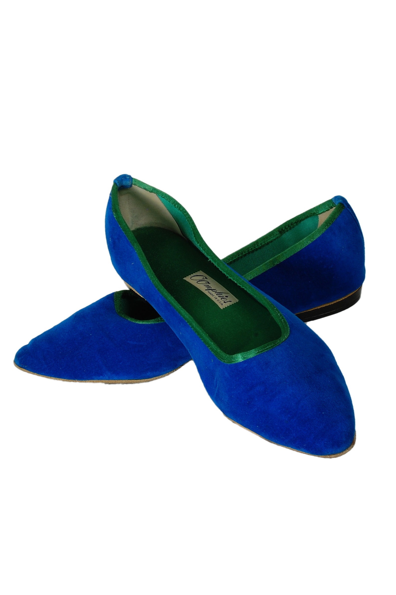 blue + green velvet and satin ballet flats, vintage 60s padded slippers slides, size 10