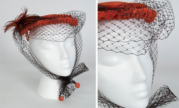 Orange velvet veiled cocktail hat, vintage 50s sau