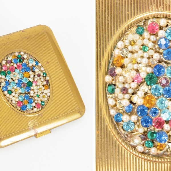 Vintage jewel marquis compact with mirror and powder well, 1950s brass makeup compact, machined surface, perfect sentimental gift