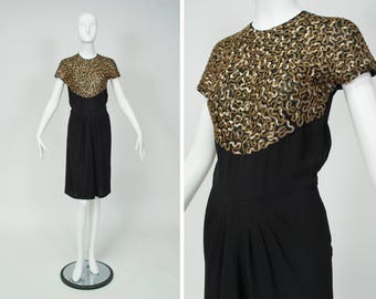 Vintage black draped pencil dress with gold sequin bib, 1940s USO cocktail dance dress, size XS