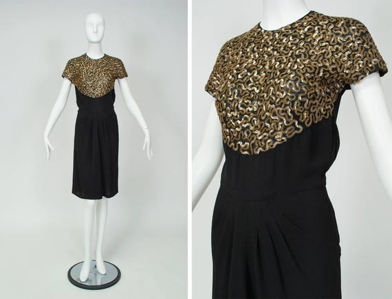 Vintage black draped pencil dress with gold sequi… - image 1