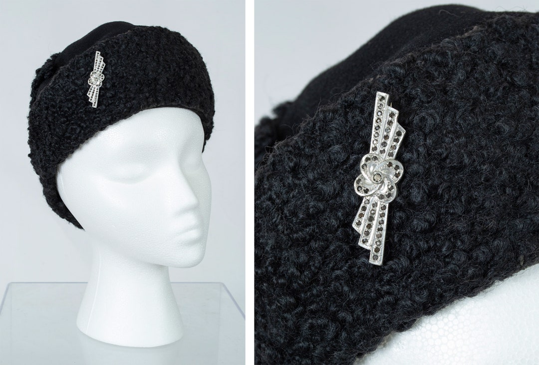 Vintage Black Faux Persian Lamb Pillbox Cap, Detachable Art  display picture 2