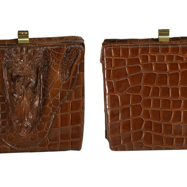 Vintage vegan faux alligator clutch purse, 1930s brown pyramid handbag, articulated faux head and claws on front!
