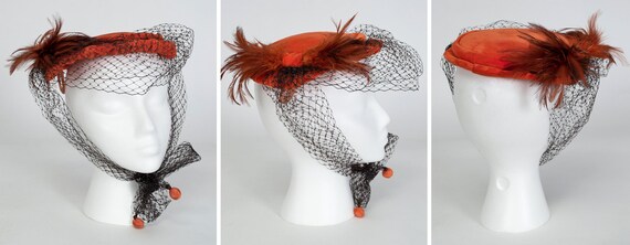 Vintage orange velvet veiled cocktail hat, 1950s … - image 2