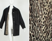 Vintage large size Mod black wool dolman sleeve pea coat with plush leopard lining, 1960s heavyweight warm mackintosh coat, size XL