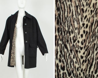 Vintage *large size* Mod black wool dolman sleeve pea coat with plush leopard lining, 1960s heavyweight warm mackintosh coat, size XL