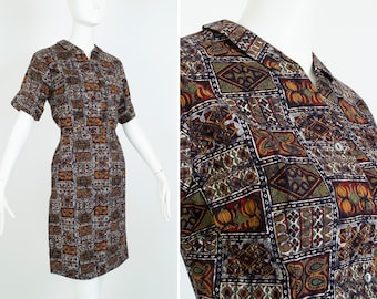 Vintage brown ethnic print backyard BBQ shirt and skirt set, 1950s tiki beachwear skirt and top ensemble, mid century luau, size XS