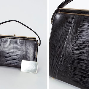 Vintage brown-black lizard (and his bellybutton!) handbag + mirror, 1950s 50s top handle purse, elegant hard-side, sleek inset top frame