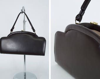 Vintage brown padded leather handbag, 1950s hard frame purse, unique headboard shape frame
