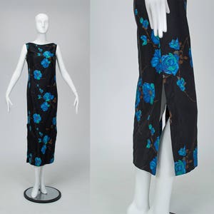 Vintage Hawaiian black and blue hibiscus print maxi dress, 1950s Tiki column dress, size S