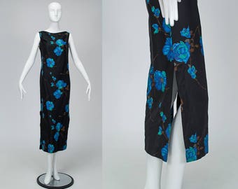 Vintage Hawaiian black and blue hibiscus print maxi dress, 1950s Tiki column dress, size S