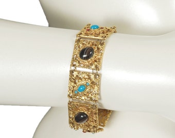 Coro Byzantine cabochon bracelet, vintage 60s gold filigree bracelet, signed