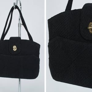 Bolso bandolera vintage de cordé con rombos negros, monedero estructurado de los años 40, seda texturizada, múltiples compartimentos