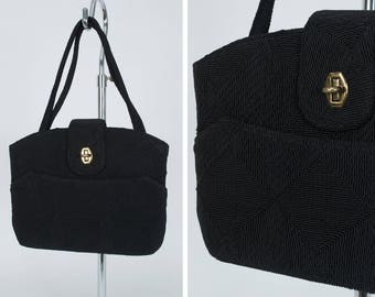 Vintage black diamond cordé shoulder bag, 1940s structured purse, textured silk, multiple compartments