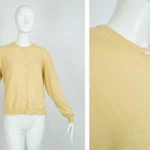 Jantzen diving girl *larger size* crew neck cardigan, 1950s yellow button-front sweater, vegan faux cashmere, eye-shape buttons, sz L