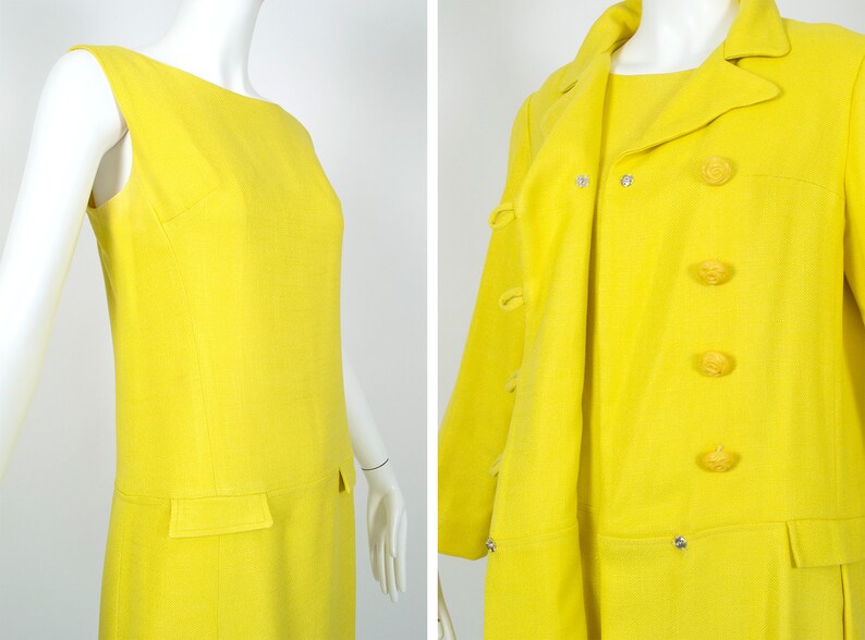 May include: A bright yellow sleeveless dress and matching coat with large buttons. The dress has a simple, straight cut and the coat has a double-breasted closure.