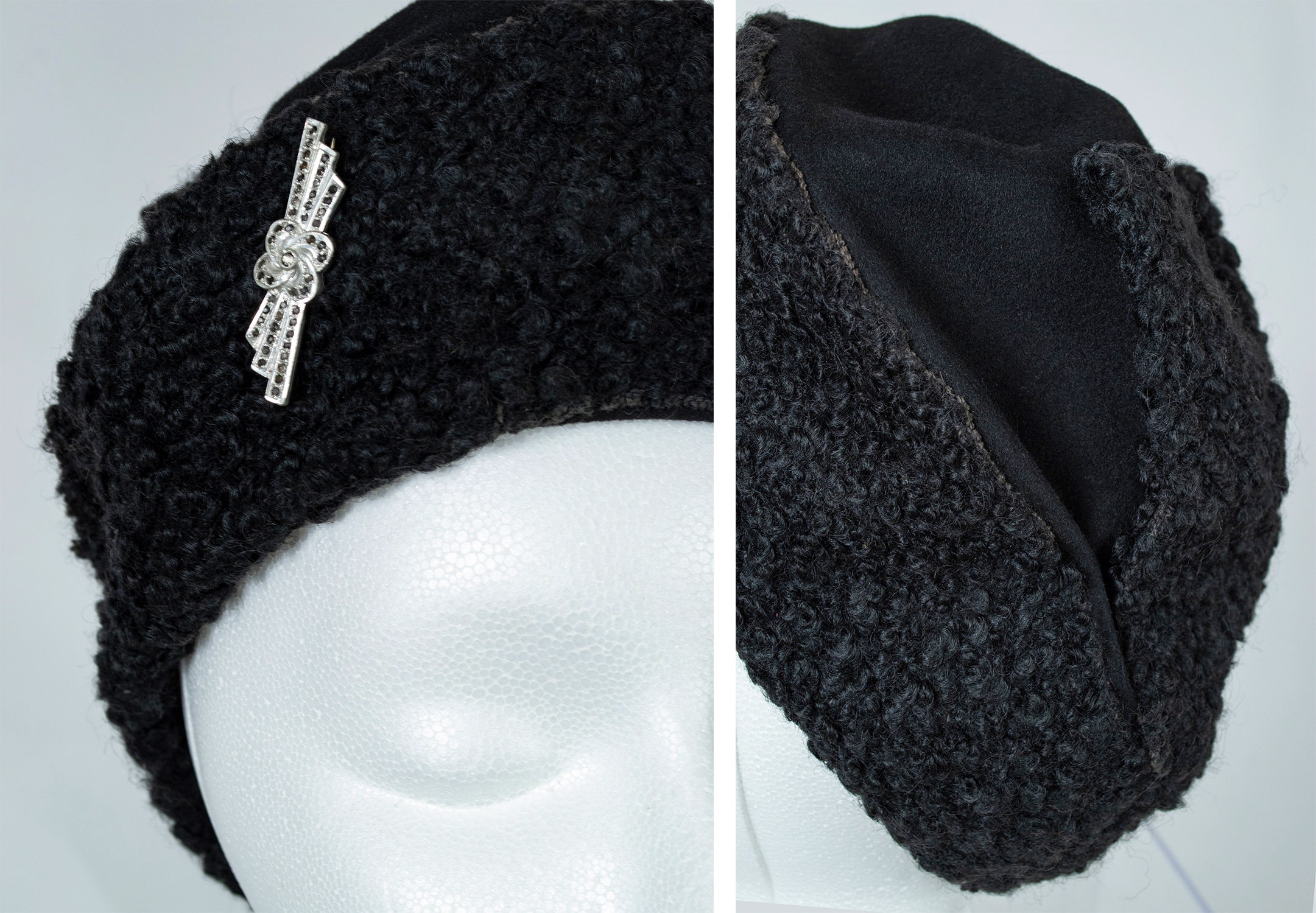 Vintage Black Faux Persian Lamb Pillbox Cap, Detachable Art 