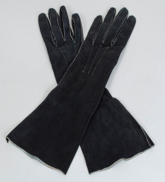 Vintage black suede leather dress gloves, chic 19… - image 1