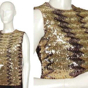 Vintage sparkling gold Op Art zebra sequin tank, 1950s pavé zig zag top, pin-up glamour, size S