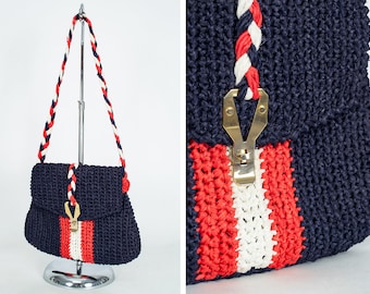 Vintage boho Italian red, white and blue woven raffia saddlebag, late 60s colorblock straw shoulder purse