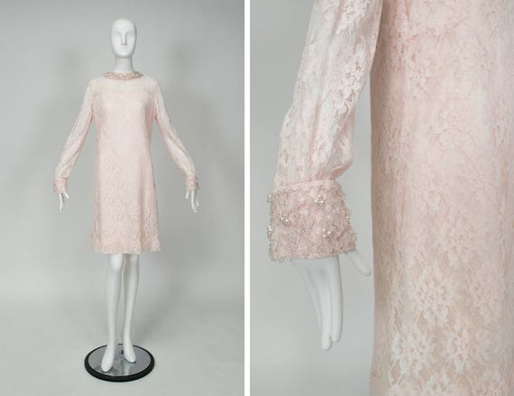 Vintage pink A-line bead collar and cuff dress, 1… - image 1