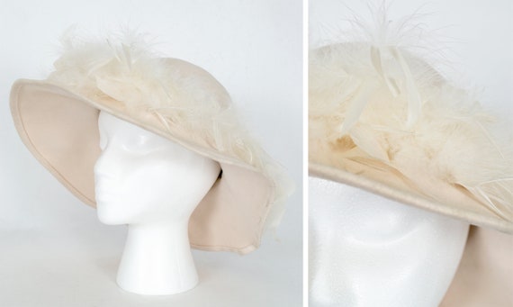 Boho ivory ostrich feather floppy hat, vintage 70s