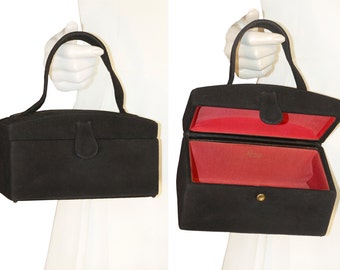 Vintage black suede Goth coffin purse, 1950s box handbag, red grosgrain interior