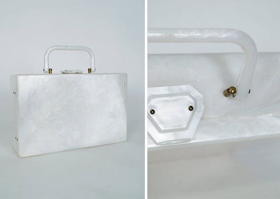 Vintage white mother of pearl Lucite box purse, 1… - image 1