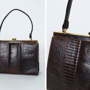 Vintage pequeño bolso de lagarto marrón oscuro, hecho en Inglaterra, bolso de mango superior de la década de 1950, marco duro femenino