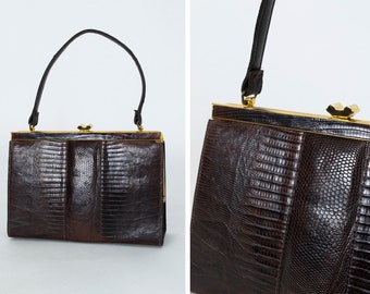 Vintage petite dark brown lizard handbag, made in England, 1950s top handle purse, ladylike hard frame